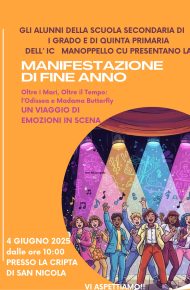 Locandina. Gli alunni della scuola secondaria di 1° grado e di quinta primaria dell'IC Manoppello presentano la Manifestazione di fine anno. 
