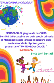 Locandina manifestazione di fine anno classi terze Locandina manifestazione di fine anno classi terze. Mercoledì 4 giugno alle ore 10,30 i bambini delle classi terze della scuola primaria di Manoppello Scalo, presso la palestra della scuola secondaria di 1° grado presentano: 